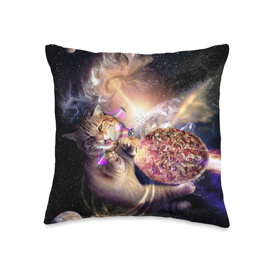 5646 Galaxy Space Cat Reaching Pizza With Laser Throw Pillow